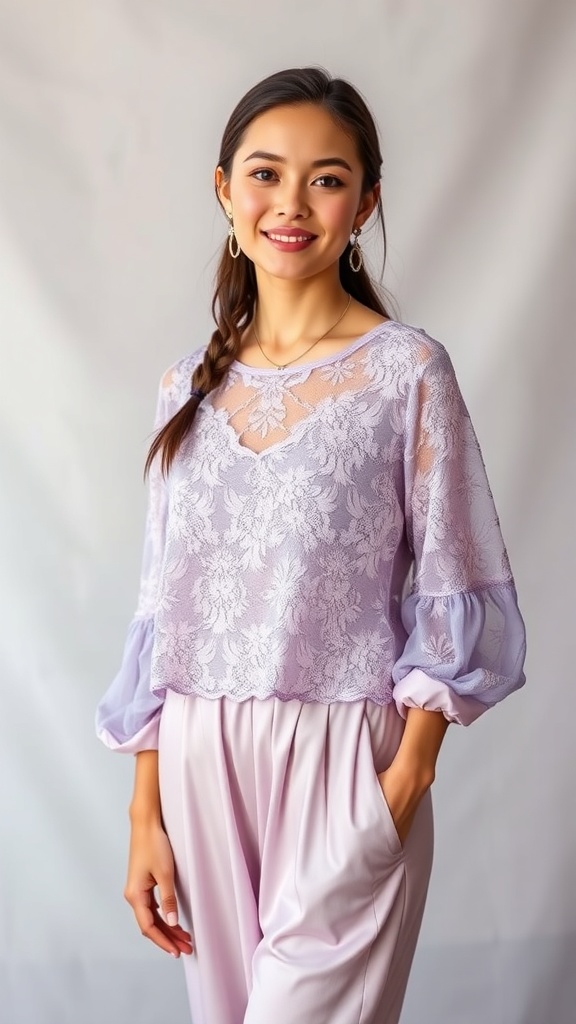 A woman wearing a lavender lace long sleeve top with silk pants, smiling at the camera.