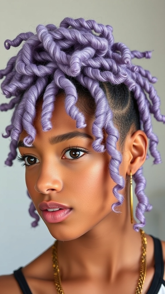 A woman with vibrant lavender curly hair styled in twists, wearing a denim jacket and hoop earrings.