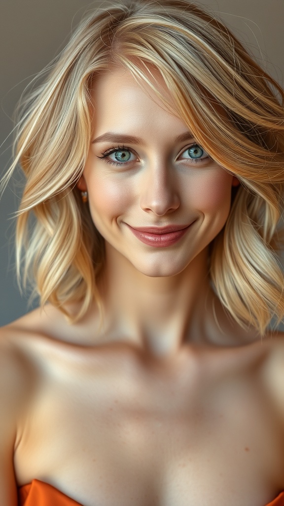 A woman with a layered bob hairstyle featuring blonde hair with copper-toned lowlights, smiling at the camera.