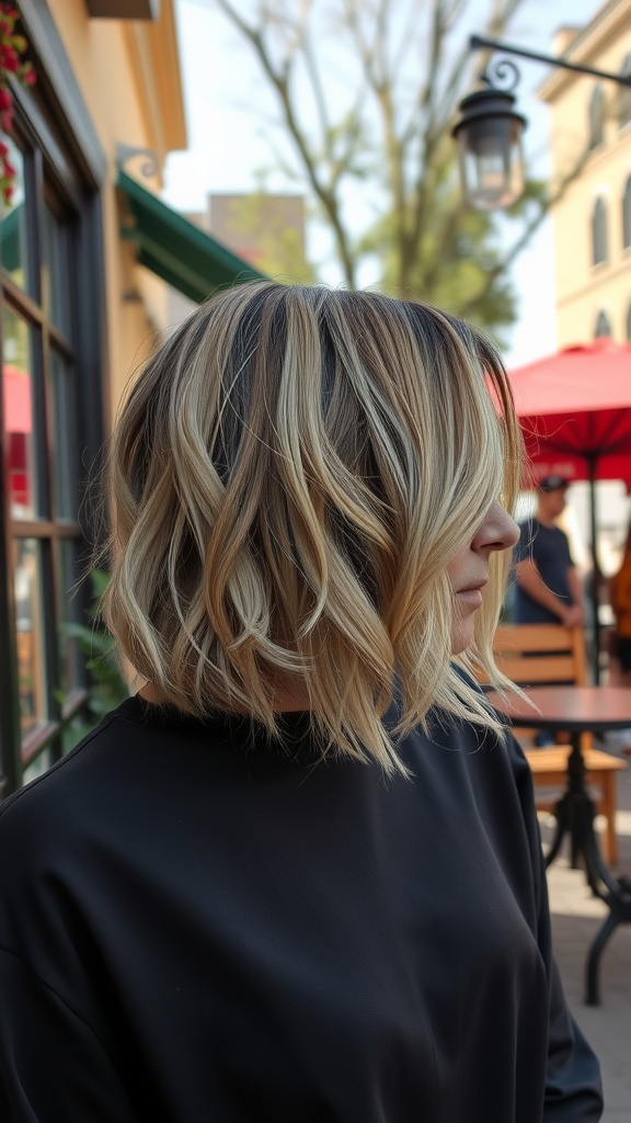 A woman with a layered bob haircut featuring feathered ends, showcasing a chic and timeless style.