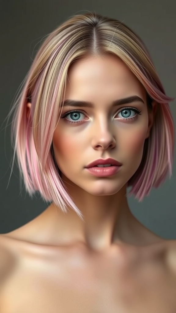 A woman with a layered bob hairstyle featuring pink and blonde highlights.