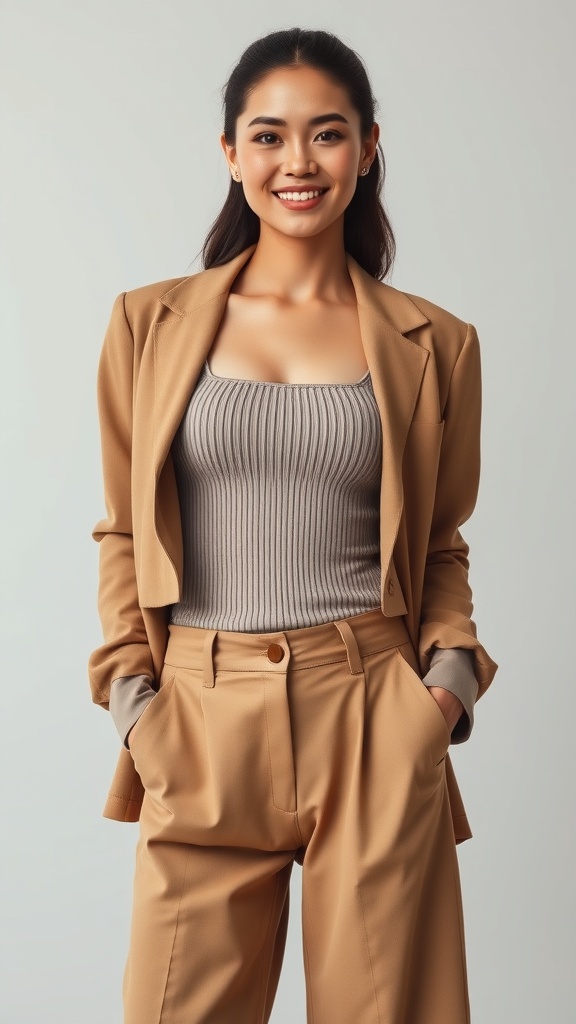 A woman wearing a layered bodysuit with wide-leg trousers, smiling confidently.