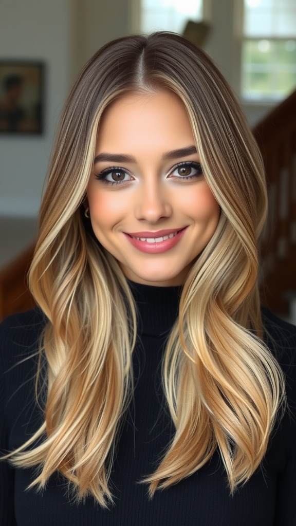 A woman with layered blonde hair featuring brown highlights, smiling and showcasing her hairstyle.