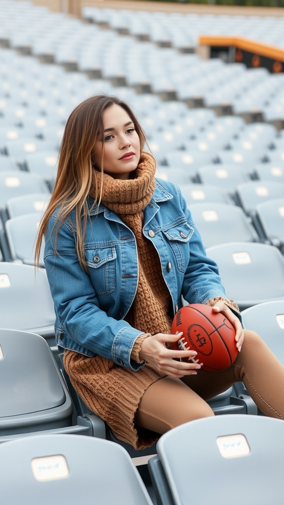 A woman in a denim jacket and brown sweater dress holding a basketball, sitting in stadium seats.