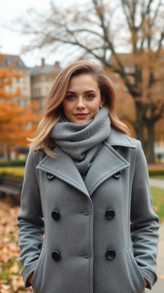 A gray peacoat displayed on a mannequin with a cozy knit scarf, surrounded by autumn leaves.