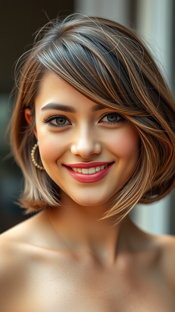 A woman with a layered flip-style blowout hairstyle, smiling and showcasing her medium length hair.