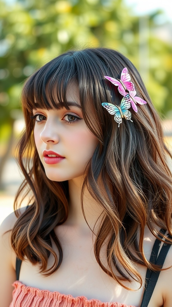 A young woman with layered hair styled with colorful butterfly clips, showcasing a retro 90s look.