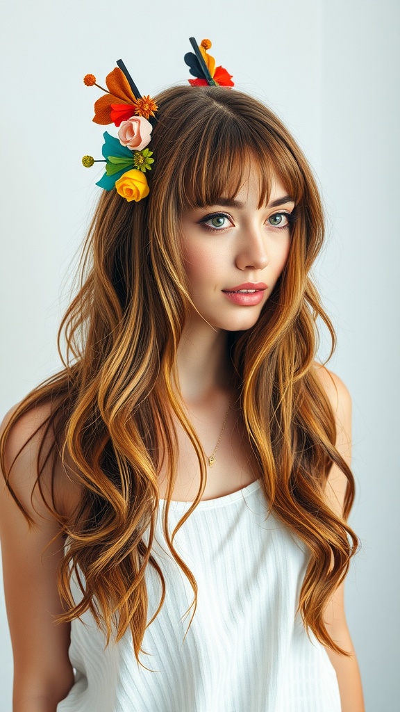 A young woman with long layered hair adorned with colorful floral hair accessories.