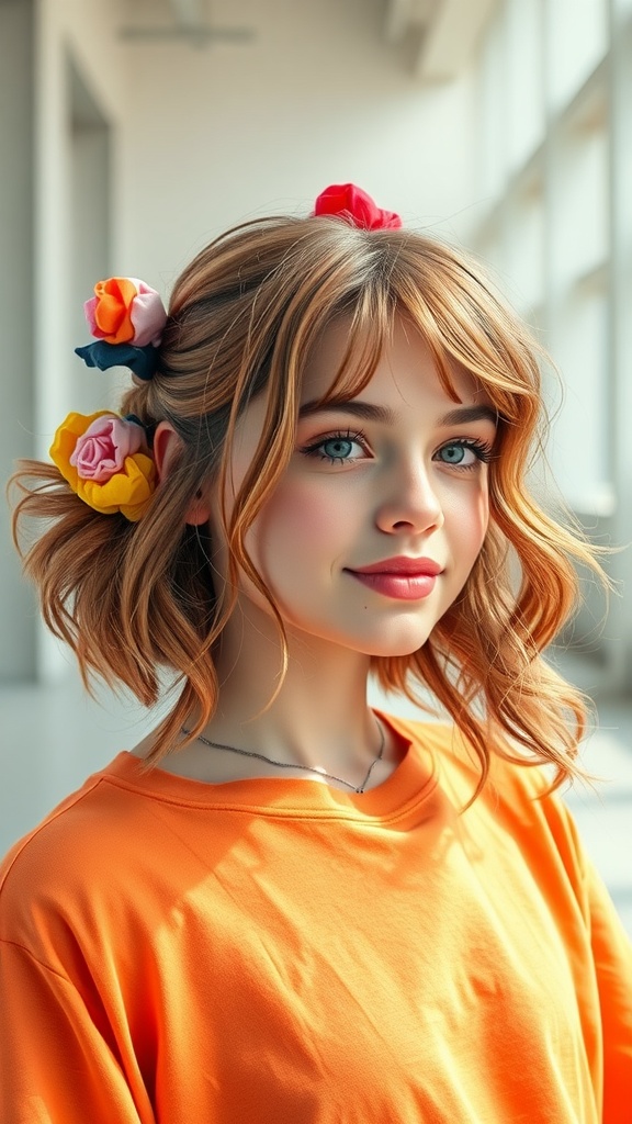 A young woman with layered hair styled with colorful scrunchies, wearing an orange shirt.