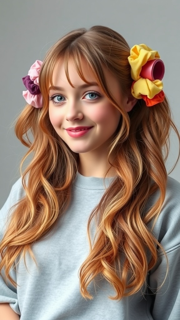 A young person with long layered hair styled in pigtails, secured with pink and black scrunchies.