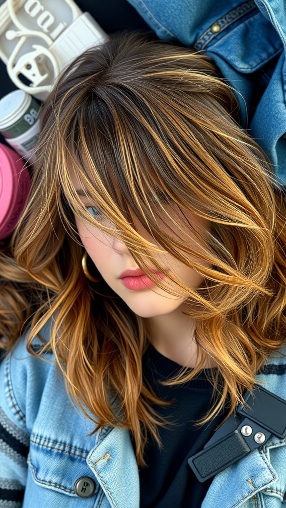 A woman with layered hair featuring wispy ends, wearing a denim jacket.