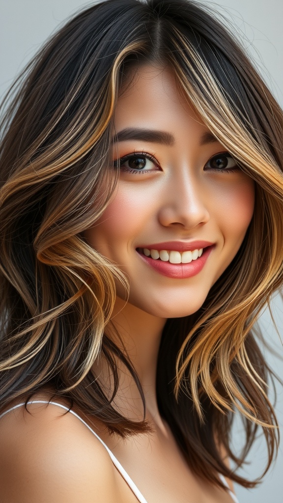 A woman with layered long hair featuring caramel blonde highlights on dark hair, smiling and showcasing a vibrant look.