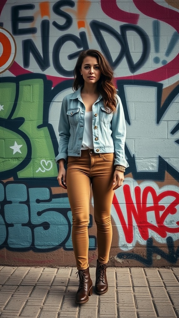 A woman wearing a light blue denim jacket, white top, and brown jeans, standing in front of a colorful graffiti wall.