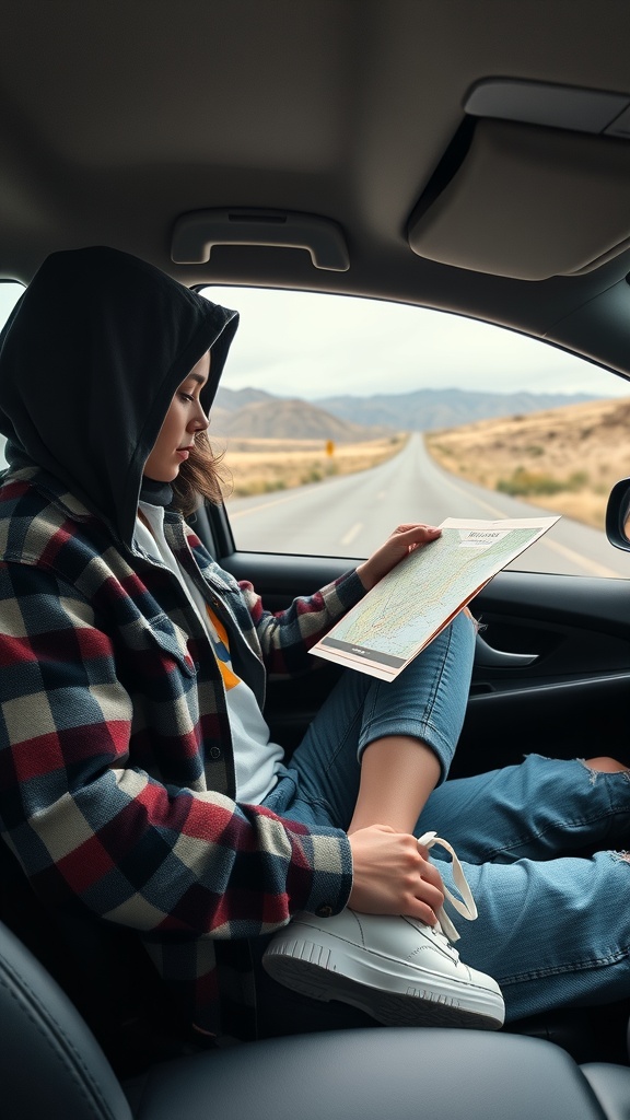 A person sitting in a car, wearing a hoodie and denim jacket, looking at a map with a scenic road in the background.