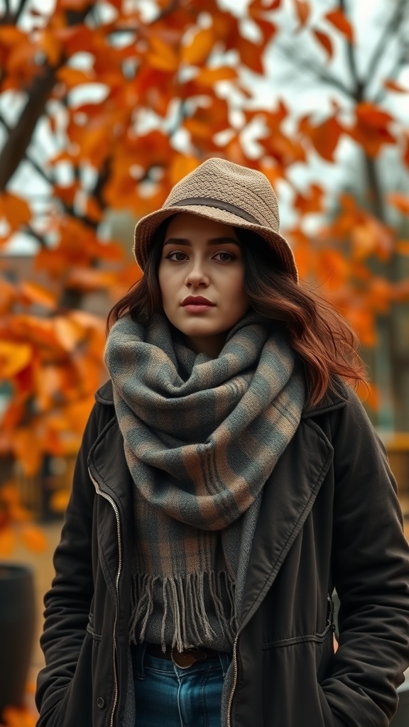 A woman wearing a scarf and hat, surrounded by autumn leaves, showcasing a layered look perfect for country fashion.
