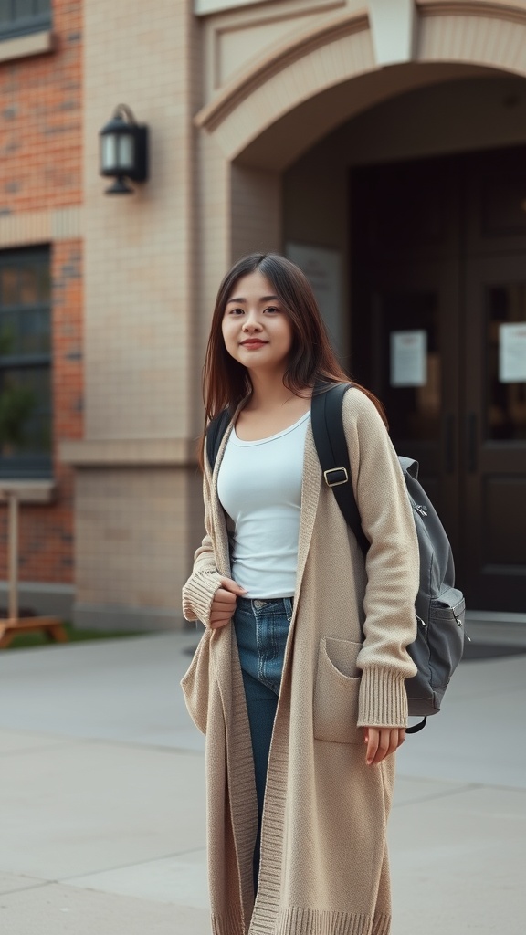 A girl wearing a beige cardigan over a white tank top and jeans, standing outside a school building.