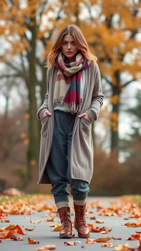 A woman wearing a long cardigan, jogger pants, and brown boots, surrounded by autumn leaves.