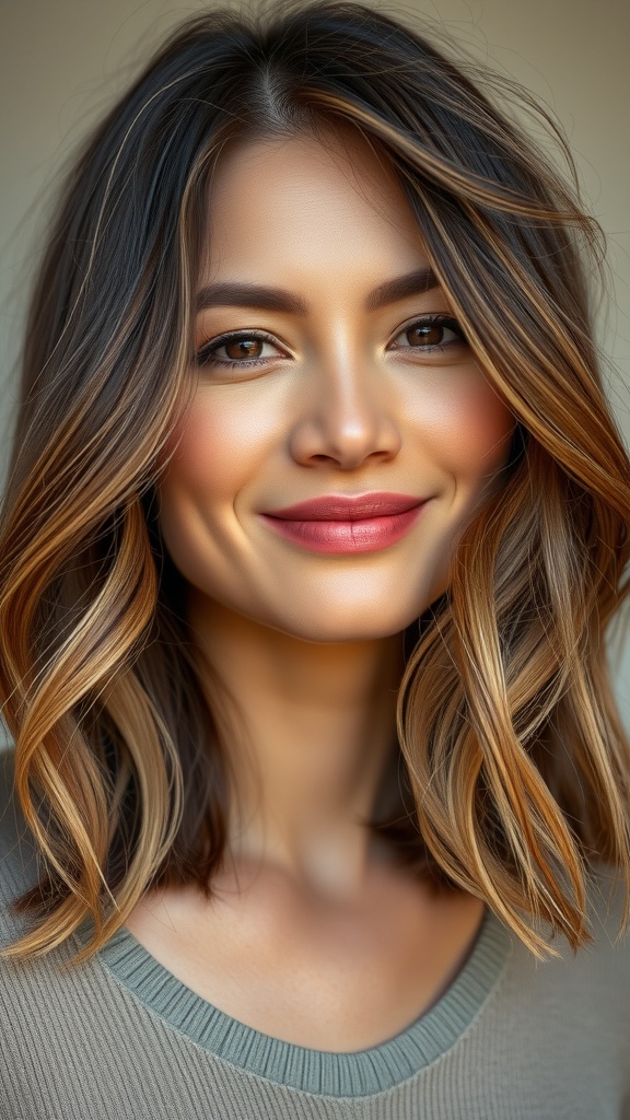 A woman with layered medium brown hair and honey highlights, smiling softly.