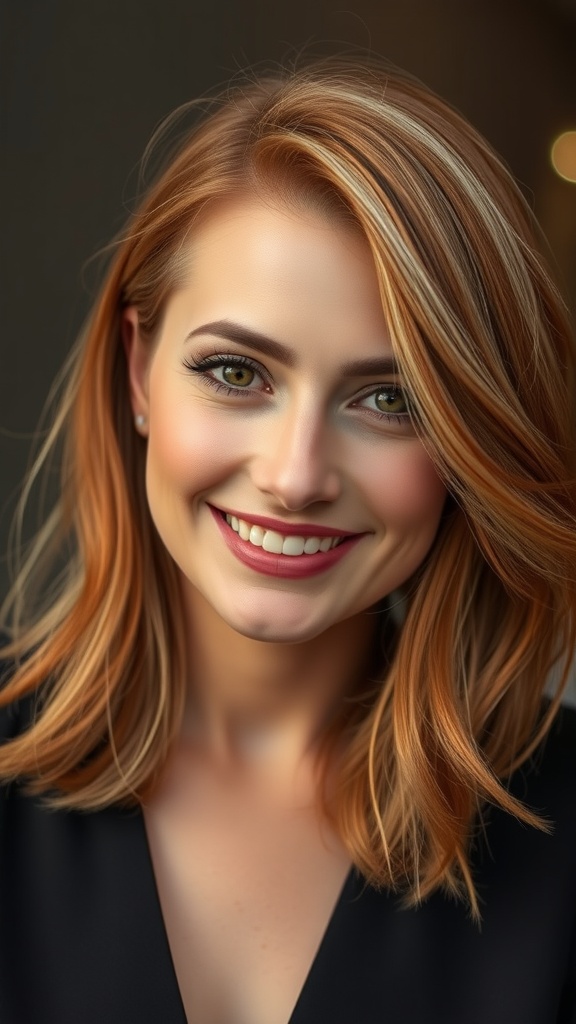 A woman with layered mid-length copper hair featuring blonde highlights, smiling warmly.