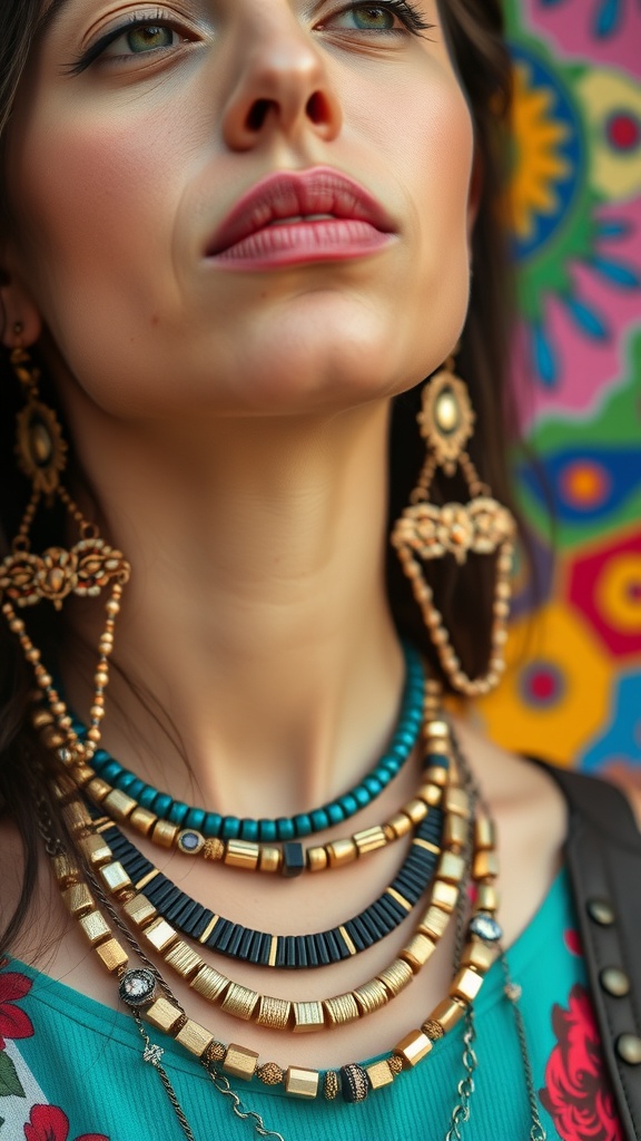 A close-up of a woman wearing layered necklaces and statement earrings, showcasing a bold and colorful 80s-inspired outfit.