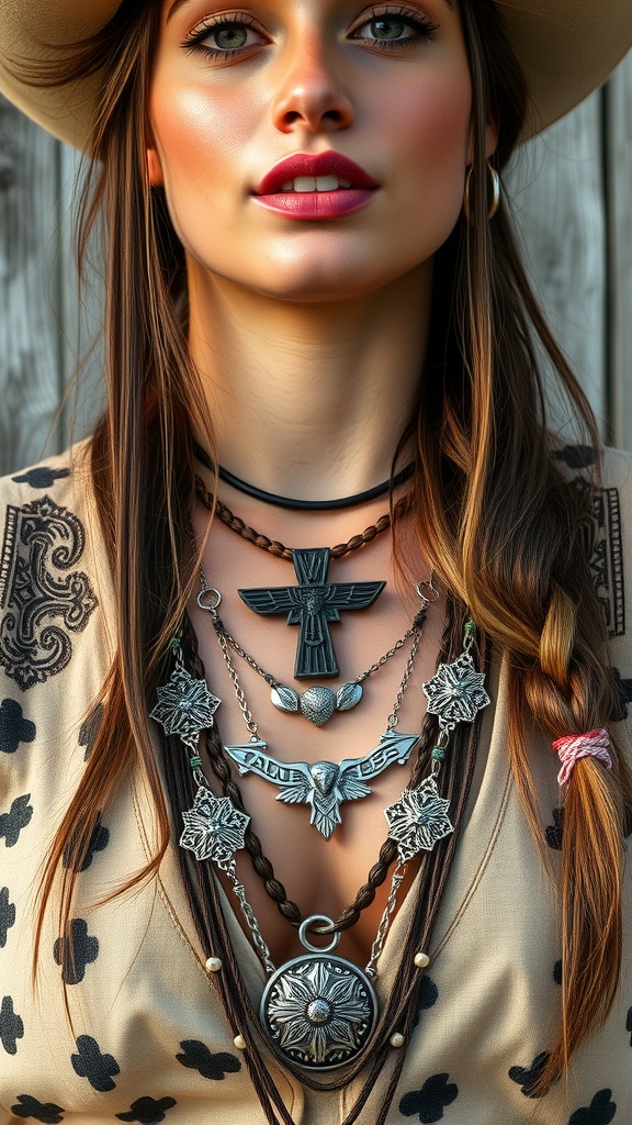 A woman wearing layered necklaces with a western twist, showcasing a blend of modern and cowgirl style.