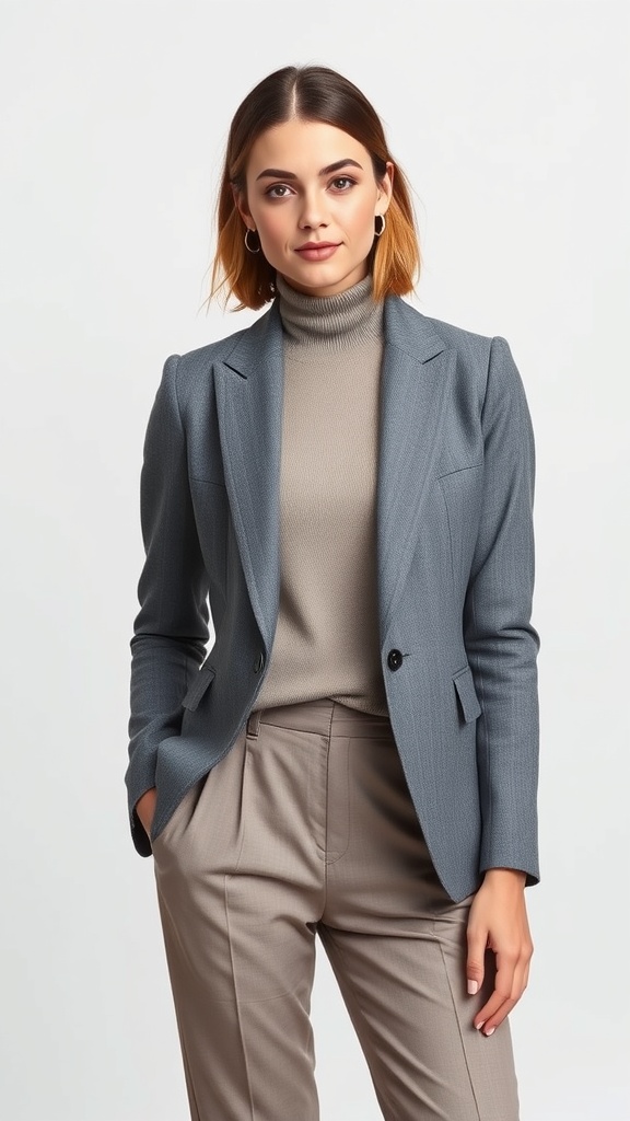 A stylish young man wearing a gray blazer over a turtleneck and beige trousers, showcasing a modern layered outfit.