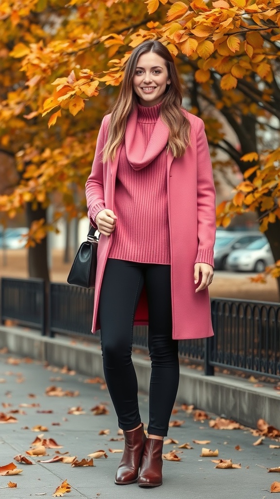 A woman wearing a pink sweater and coat with black leggings and brown ankle boots, surrounded by autumn leaves.