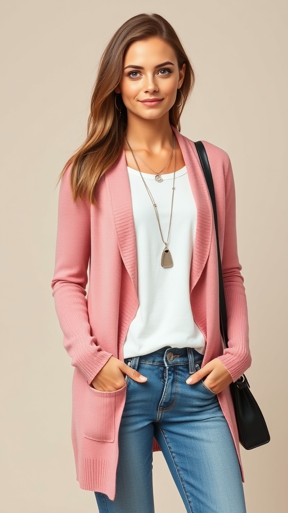 A layered pink cardigan ensemble featuring a pink cardigan, pink top, light blue jeans, brown loafers, and a brown handbag.