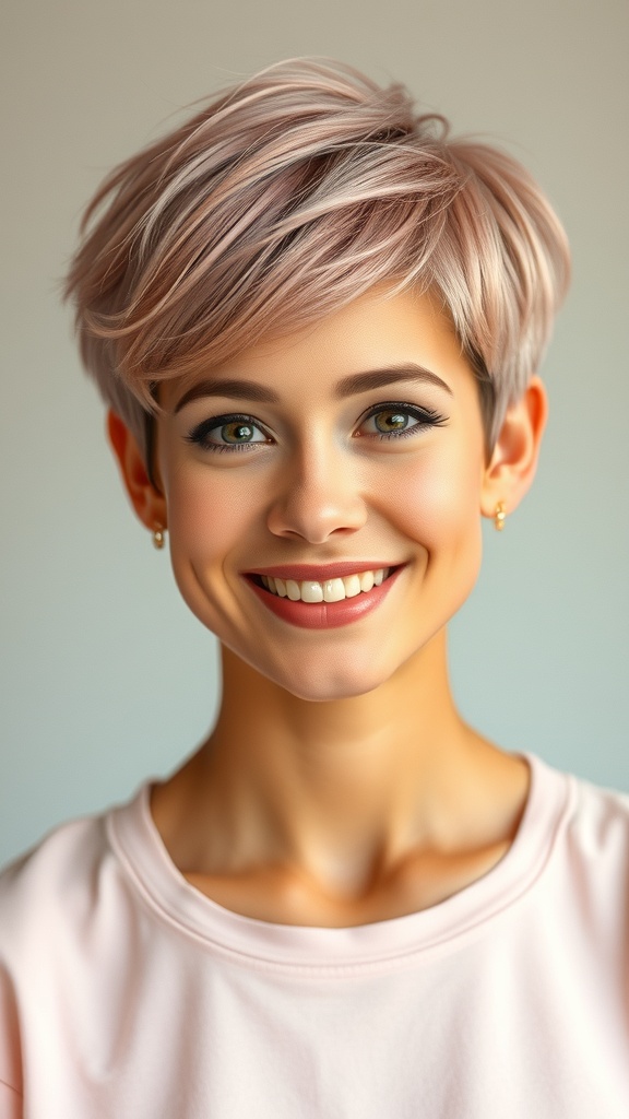 A woman with a layered pixie haircut featuring a soft undercut, smiling at the camera.