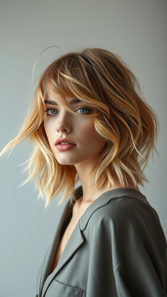 A woman with layered red blonde lob hairstyle, showcasing natural texture and soft waves.