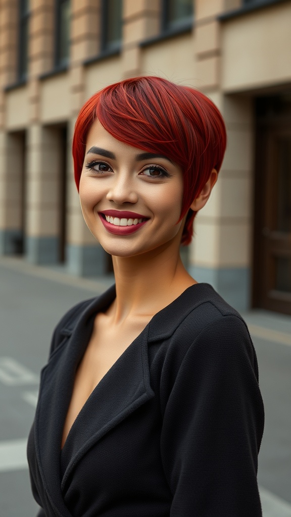 A woman with layered scarlet red hair and tapered tips, smiling confidently outdoors.