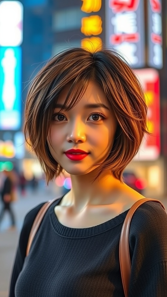 A woman with a layered shag haircut featuring textured ends, showcasing a stylish and modern look.