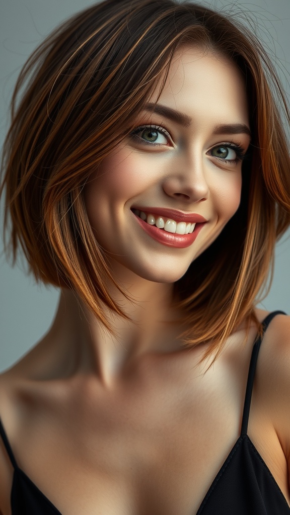 A woman with a layered short bob hairstyle featuring auburn highlights, smiling at the camera.