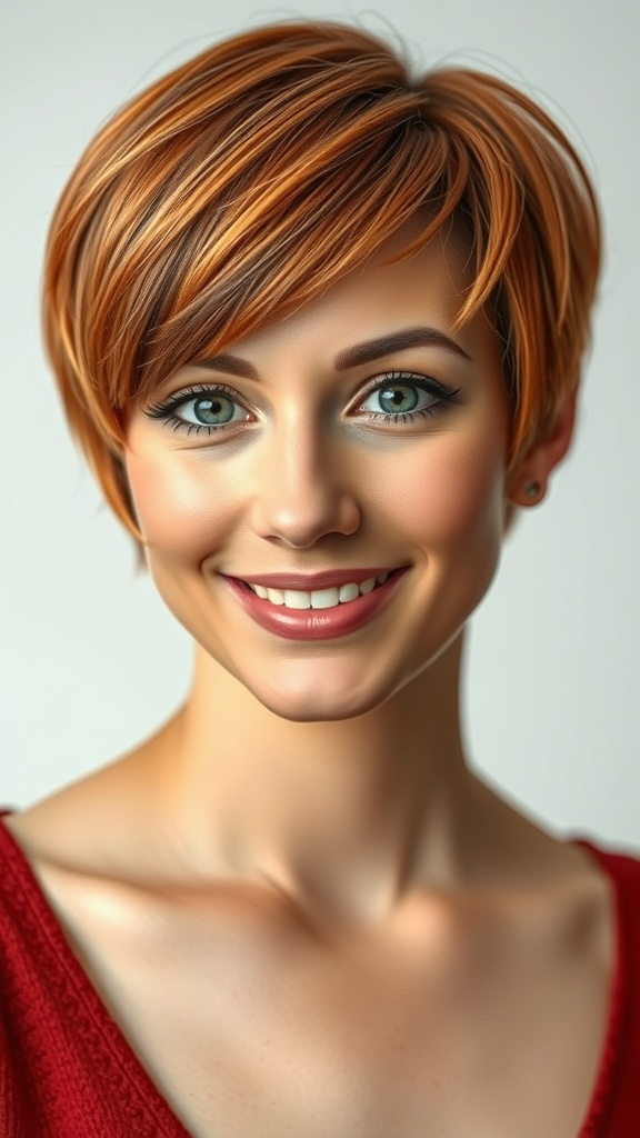 A woman with a layered short haircut featuring copper highlights, smiling at the camera.