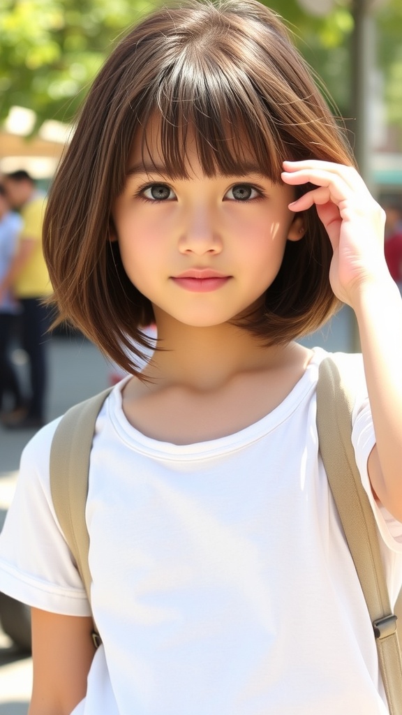 A young woman with layered straight short hair, showcasing a polished look in a sunny outdoor setting.