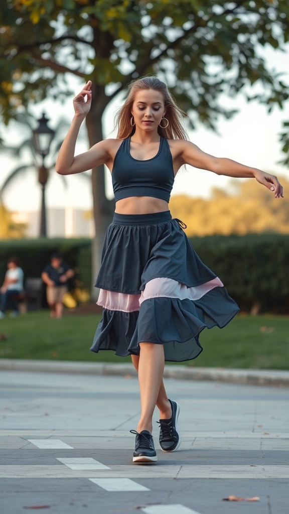 A dancer wearing a layered skirt and sporty top, showcasing a stylish hiphop dance outfit.