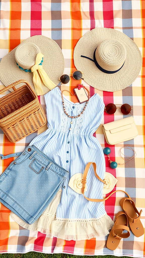 A layered summer outfit featuring a blue striped dress, denim shorts, straw hats, sunglasses, and accessories on a colorful picnic blanket.