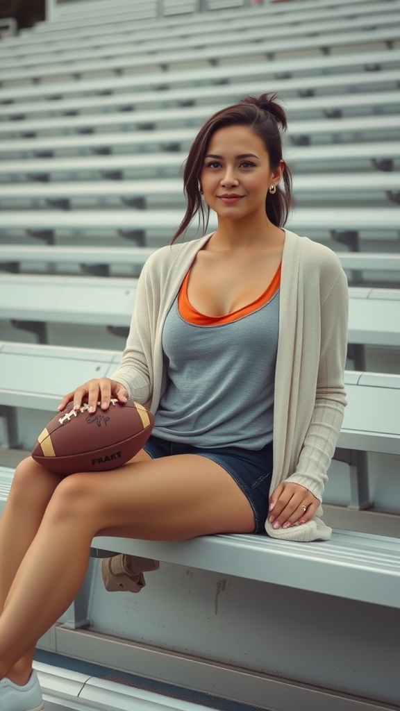 A woman in a layered tank top outfit sitting on bleachers, holding a football.