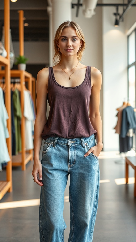 A woman wearing a layered tank top and baggy jeans in a clothing store.