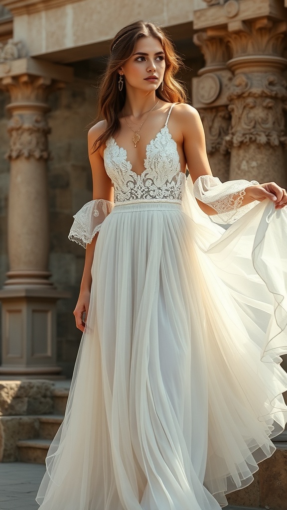 A model wearing a layered tulle skirt with a fitted bodice in an elegant setting