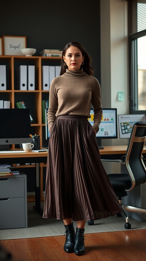 A woman wearing a layered turtleneck and a pleated midi skirt in an office setting.