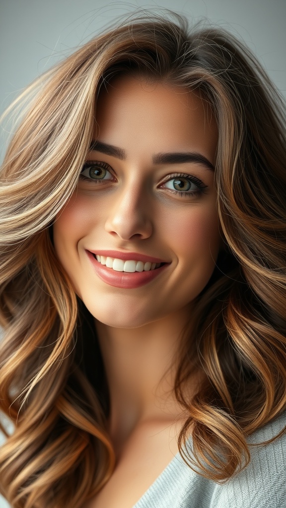 A woman with medium brown hair styled in layered waves with golden lowlights, smiling at the camera.