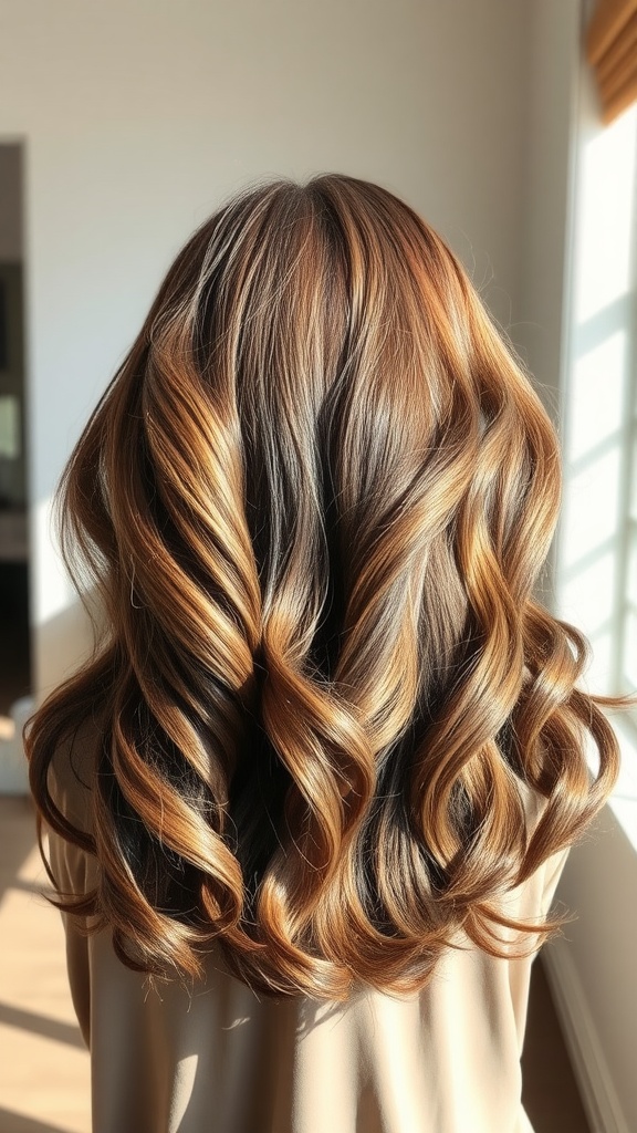 Layered waves with highlights in light chocolate brown hair