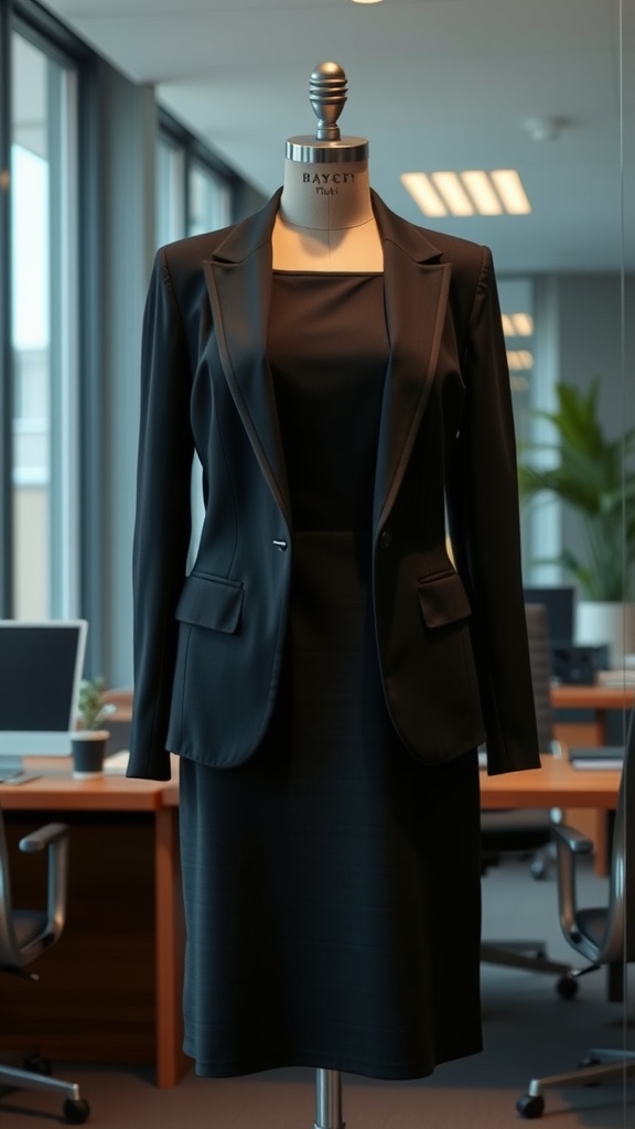 A black dress with a tailored blazer displayed on a mannequin in a modern office setting.