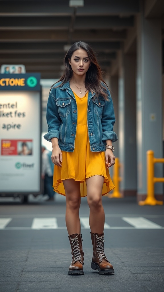 A woman wearing a butter yellow dress layered with a denim jacket and lace-up boots, standing in an urban setting.