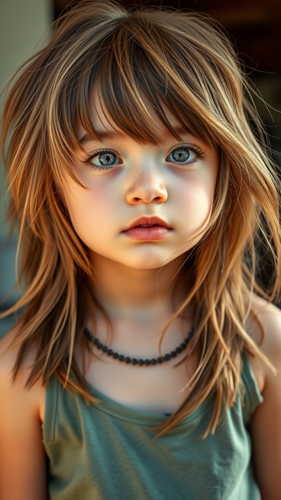A model with a layered wolf cut hairstyle in honey tea brown color, showcasing a playful and edgy vibe.