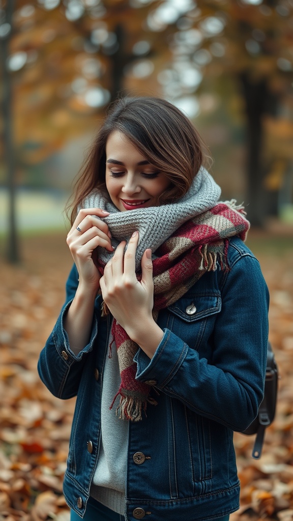 A woman in a denim jacket and a checkered scarf, smiling while surrounded by autumn leaves.