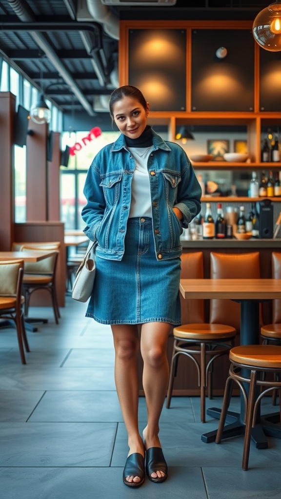 A woman wearing a denim jacket over a knee length skirt, standing in a stylish cafe.