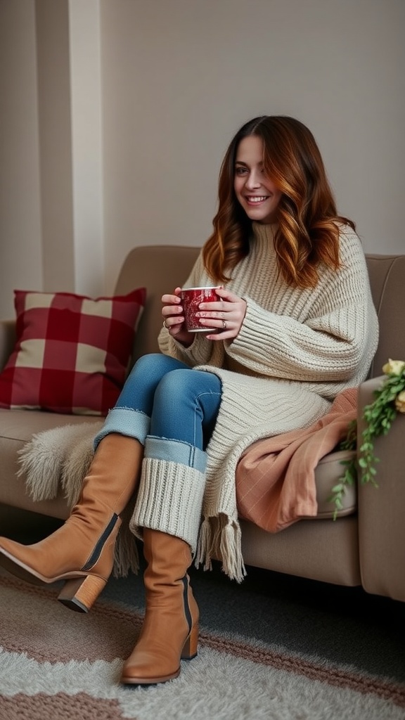 A woman sitting on a couch wearing an oversized sweater and ankle boots, holding a cup.