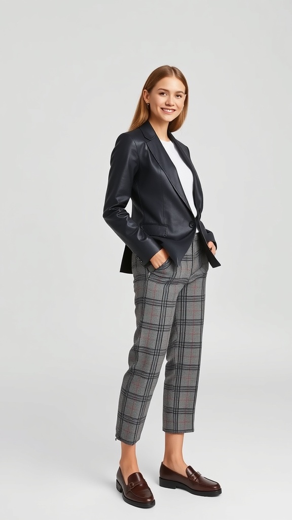 A woman wearing a leather blazer with cropped pants and loafers, smiling and posing confidently.